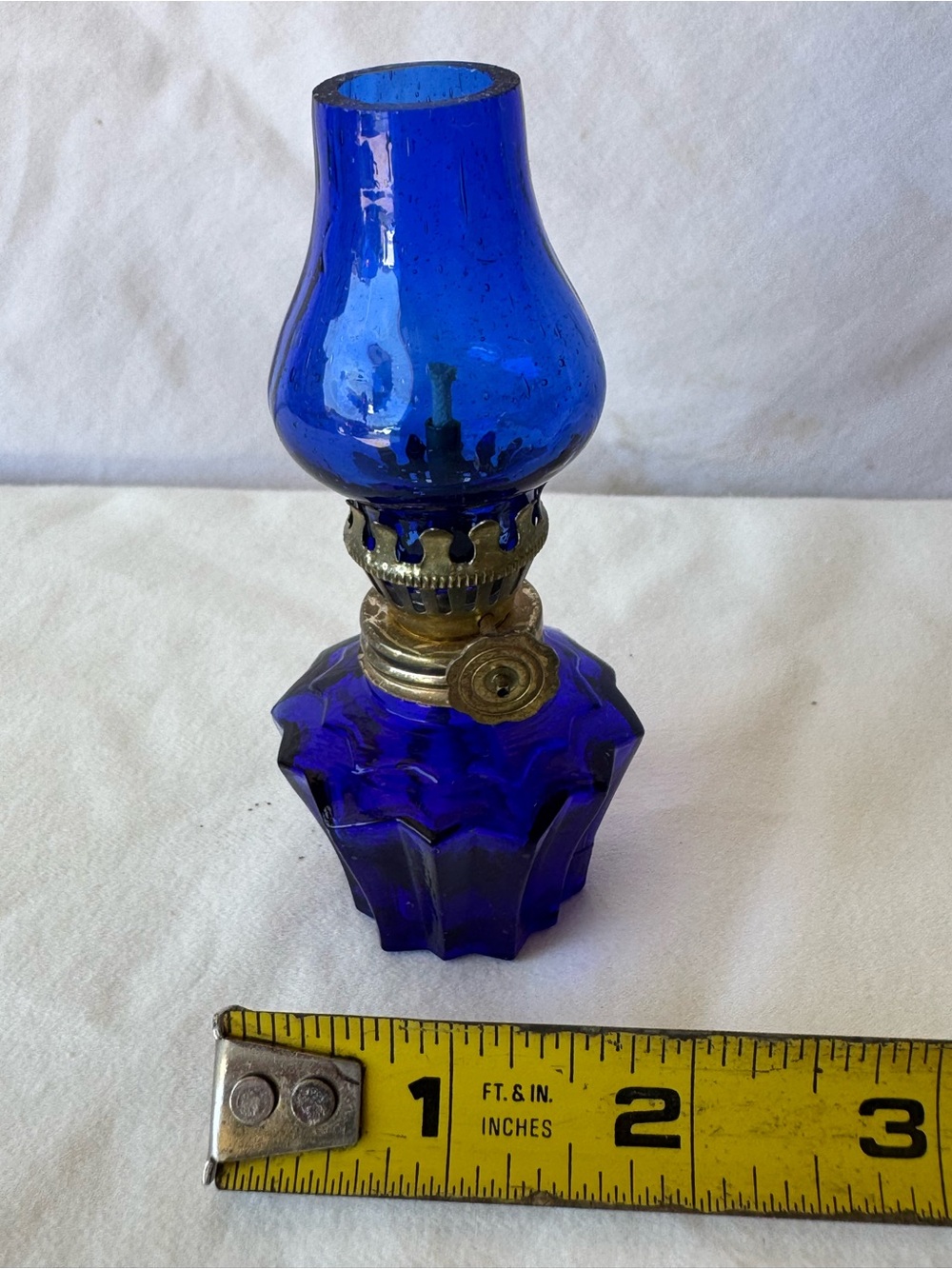 Vintage Cobalt Blue Glass Mini Oil Lamp Made In Hong Kong 4.5 Inches Tall